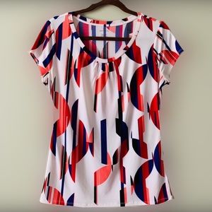 Worthington White Blouse w/Blue & Orange Retro Print